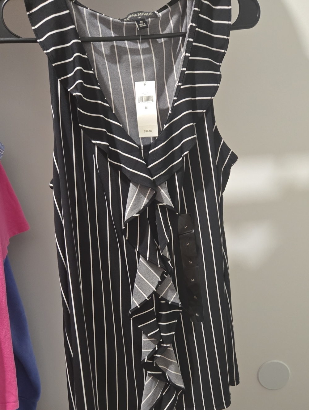 Banana Republic Black and White Vertical Stripe Ruffle V-Neck Tank